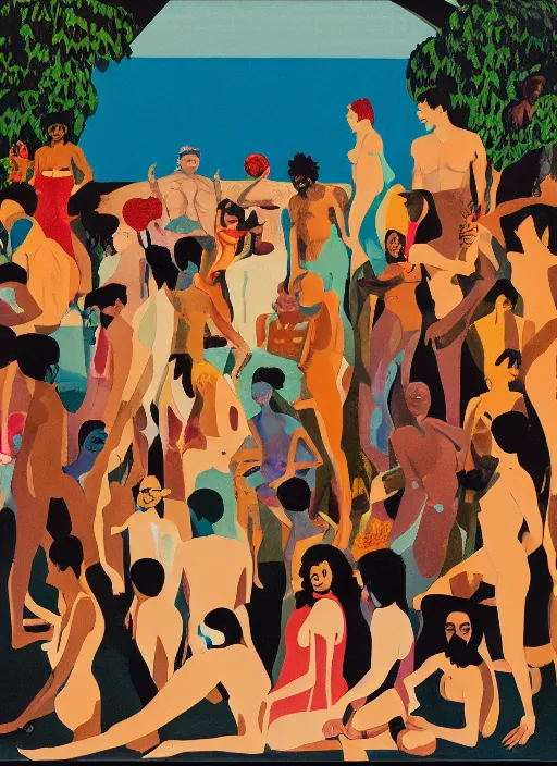 Prompt: composition by silm aarons poolside, a zoomed out portrait of a diverse group of people partying in diverse clothing in a scenic representation of mother nature and the meaning of life by billy childish, thick visible brush strokes, shadowy landscape painting in the background by beal gifford, vintage postcard illustration, minimalist cover art by mitchell hooks