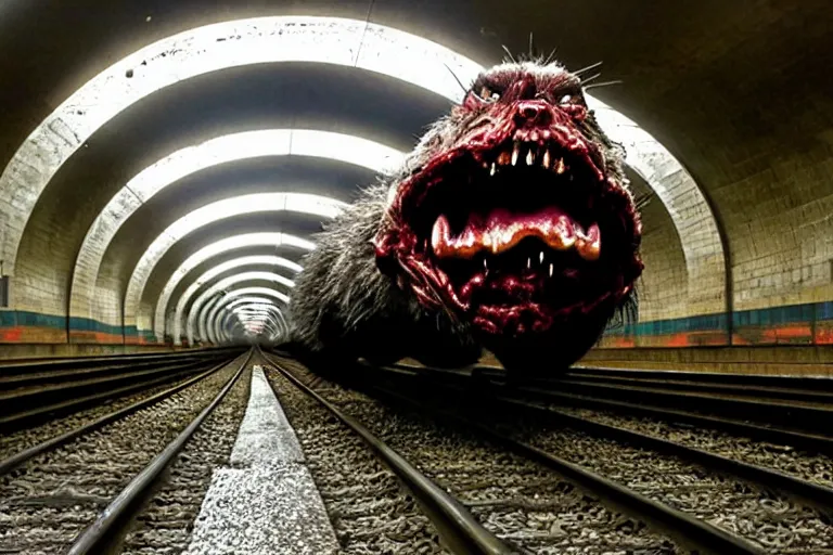 Prompt: very large giant mutant zombie irradiated ( angry rat ) staying on railways in tonnel of moscow subway. tonnel, railways, giant angry rat, furr, fangs, very realistic. extreme long shot, flash photography, anish kapoor, herman nitsch, giger.