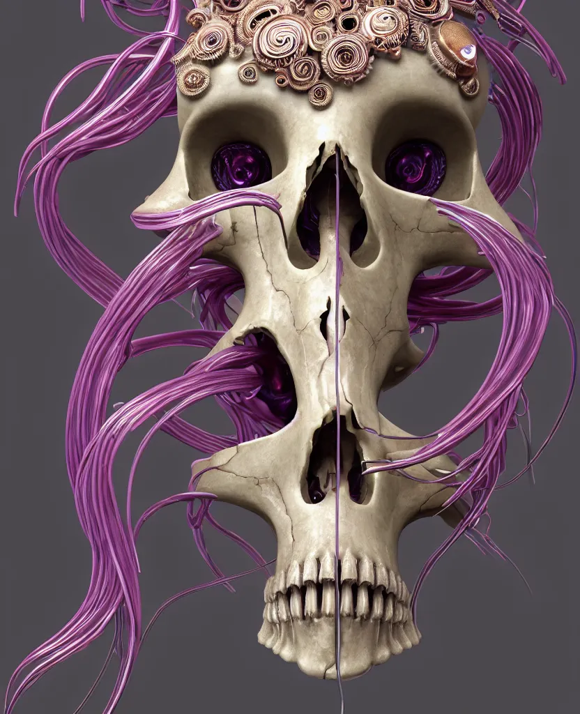 Prompt: goddess princess face close-up portrait ram skull. sculpture made of neon lamps and metal. jellyfish phoenix head, nautilus, orchid, skull, betta fish, bioluminiscent creatures, intricate artwork by Tooth Wu and wlop and beeple. octane render, trending on artstation, greg rutkowski very coherent symmetrical artwork. cinematic, hyper realism, high detail, octane render, 8k