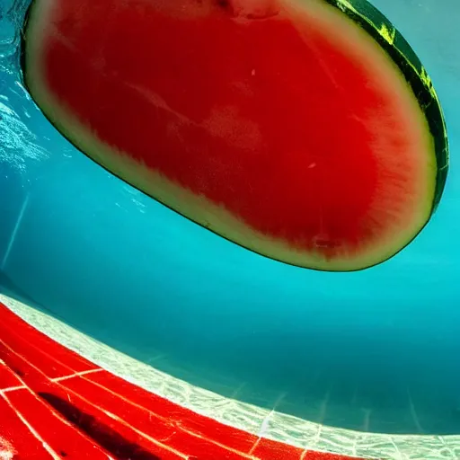 Prompt: a view under water in a swimming pool of a watermelon floating on the surface