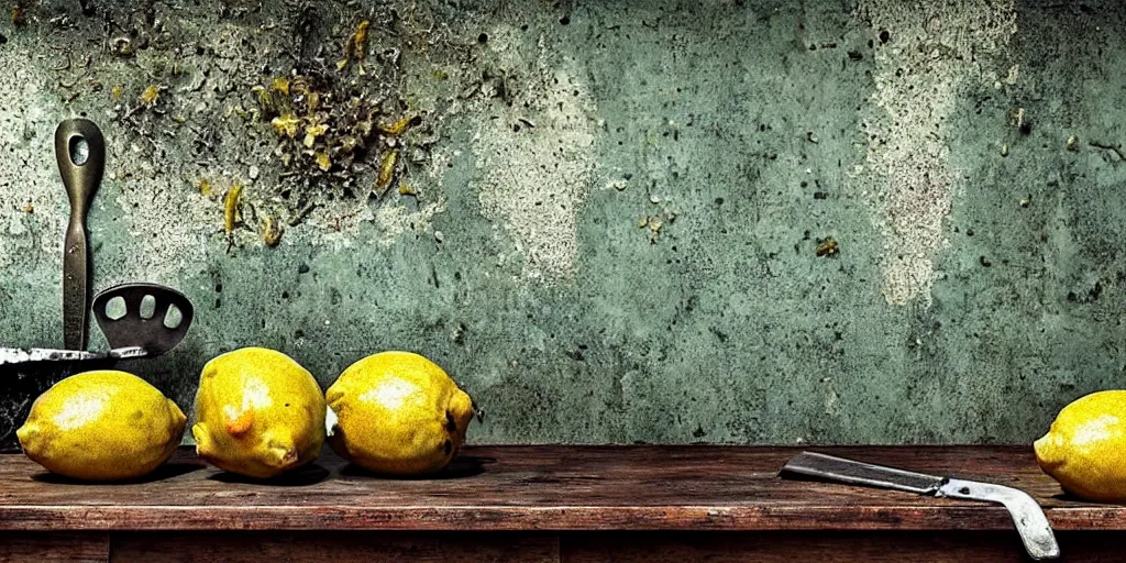 Image similar to decaying rotting lemons, moldy, on an antique distressed table top, metal kitchen utensils, old kitchen backdrop, dark kitchen, style by peter lippmann, intricate detail,