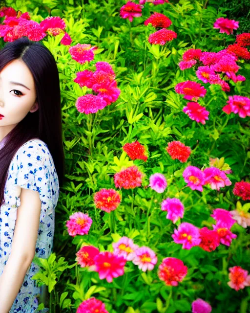 Image similar to an stunning beautiful chinese girl is surrounded by colourful flowers and plants, symmetric face and eyes, upper body face shot, long straight blonde hair, visible face 5 0 mm f 2. 2