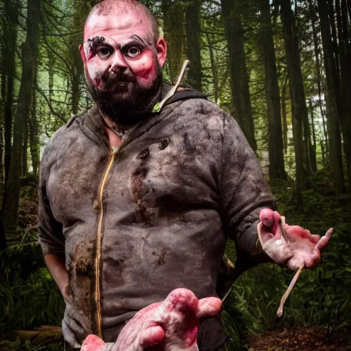 Prompt: big butcher man posing scarily, earie setting, in a forest, horror, hyperdetailed