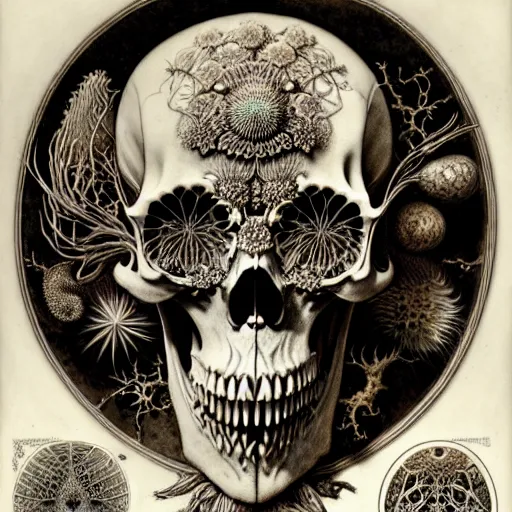 Prompt: art forms of nature by ernst haeckel, memento mori by arthur rackham, ornate antique porcelain beautiful skull mask, ultrasharp, photorealistic, hyperdetailed, octane render, polished, art nouveau, neo - gothic, gothic, intricate ornamental organic filigree, art nouveau botanicals, art forms of nature by ernst haeckel, horizontal symmetry, symbolist, visionary