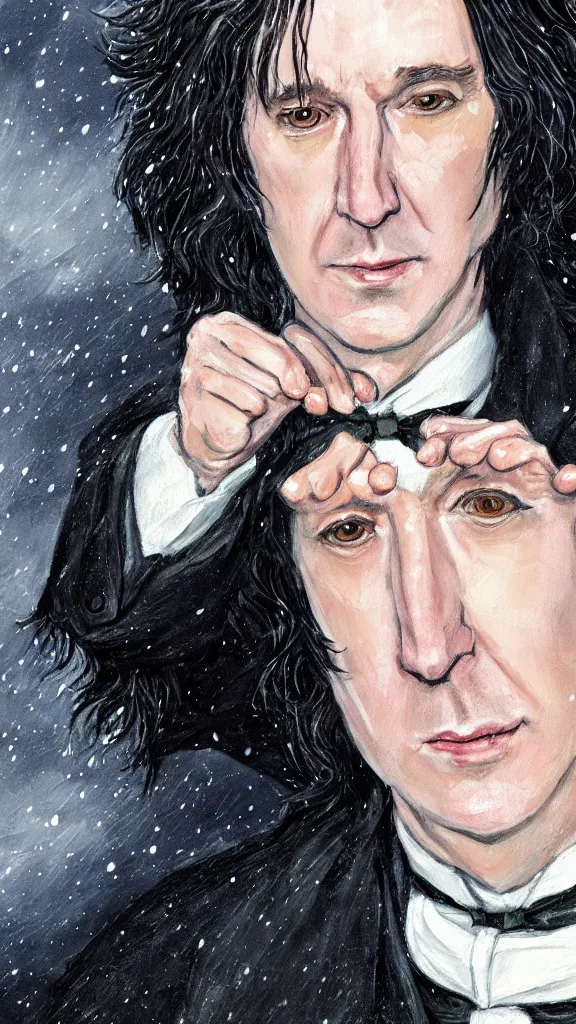 Image similar to a close - up portrait of professor snape, attending the yule ball. beautiful painting by jim kay. color harmony, 8 k detail, gallery quality, hd wallpaper, premium prints available, hyper - detailed, intricate design.