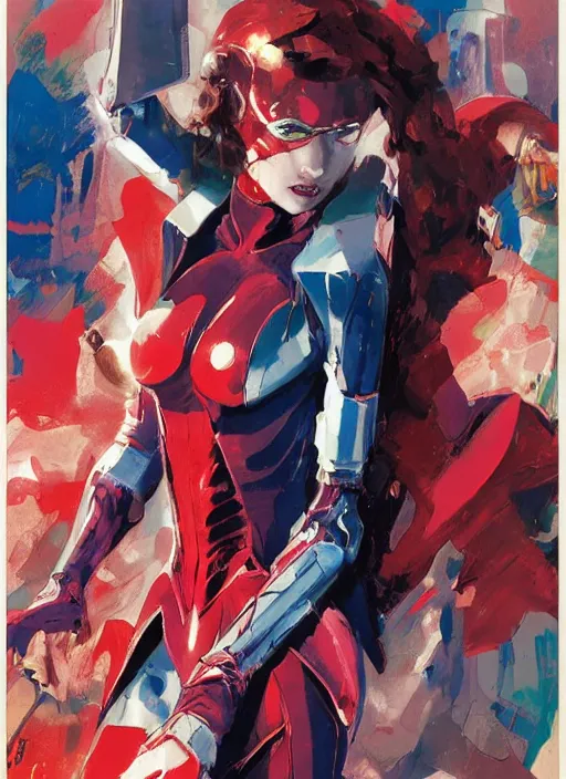 Prompt: marvel scarlet witch, wearing futuristic cybernetic battle armor, by ashley wood, yoji shinkawa, jamie hewlett, 6 0's french movie poster, french impressionism, vivid colors, palette knife and brush strokes, dutch angle