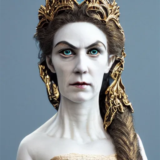 Image similar to photo taken of an epic intricate, ultra detailed, super realistic bust of a majestic gracious regal beautiful aristocratic victorian female vampire stop motion puppet created by weta workshop, menacing, some zoomed in shots, photorealistic, sharp focus, white wall, extremely cold blueish colour temperature, 3 5 mm, f 1. 4, golden ratio