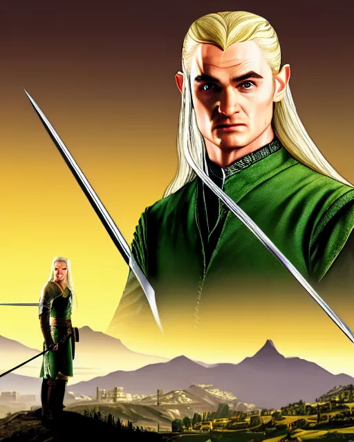 Prompt: Legolas from Lord of the rings in GTA V, Cover art by Stephen Bliss, boxart, loading screen, 8K resolution