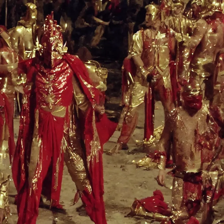 Prompt: pov low quality video of a man being sacrifice by one member of an esoteric cult, wear heavy red ornemental costume and elongate gold mask and jewels, detailed precise cinematic bloody flesh