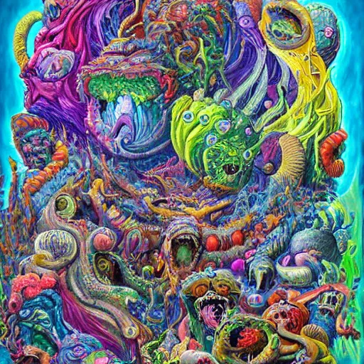 Prompt: a high hyperdetailed painting with complex textures of a group of deformed monsters united within a larger monster, made of candies and psychotropic psychoactive substances cosmic psychedelic fulcolor spiritual chaos surrealism horror bizarre psycho art