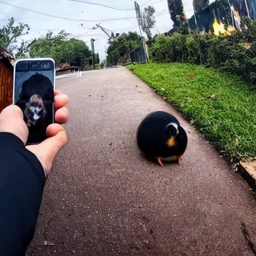 Image similar to a Guinea pig taking a selfie in front of a burning house