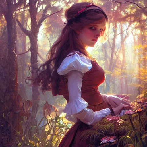 Image similar to close up portrait of alice in wonderland, magical forest, dramatic lighting, high detail, painted, by greg rutkowski, painted by stanley artgerm, painted by alphonse mucha, trending on artstation