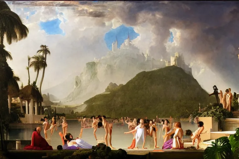 Prompt: Palace floating in heaven, 1km tall, thunderstorm, greek pool, beach and tropical vegetation, major arcana sky, people dancing by paul delaroche, hyperrealistic 4k uhd, award-winning very detailed, heaven paradise