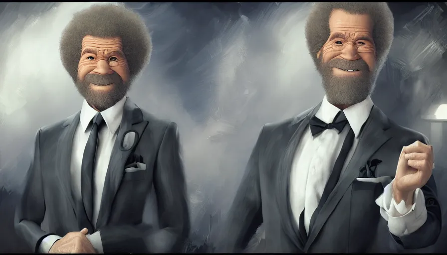 Image similar to Bob Ross in suit and tie, hyperdetailed, artstation, cgsociety, 8k