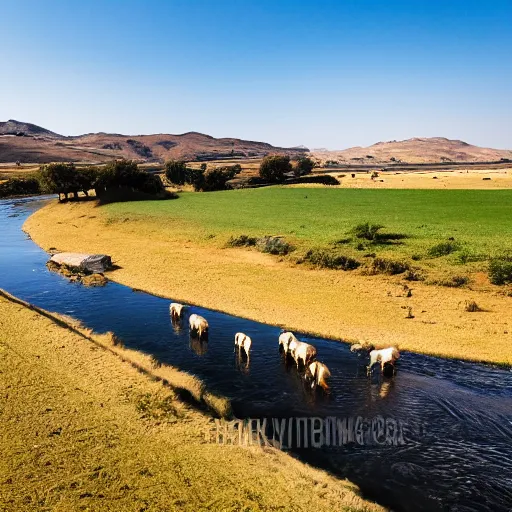 Image similar to landscape, river made of karak, with cows grazing, wide shot, photo