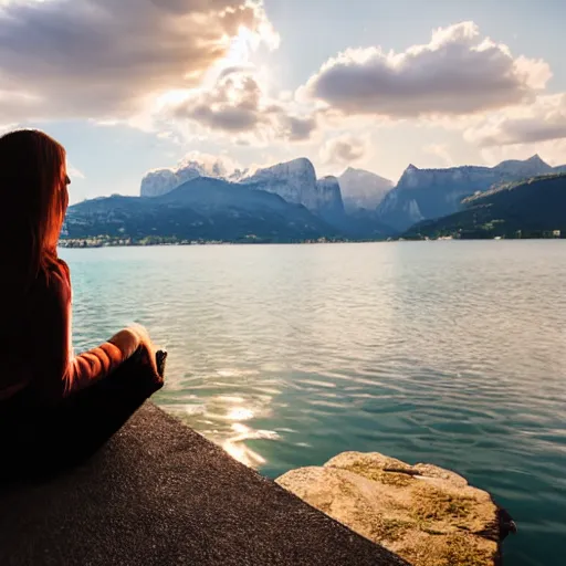 Image similar to woman sitting on a small wall at the lake of annecy, looking at the mountains in the distance. city photography, beautiful lighting