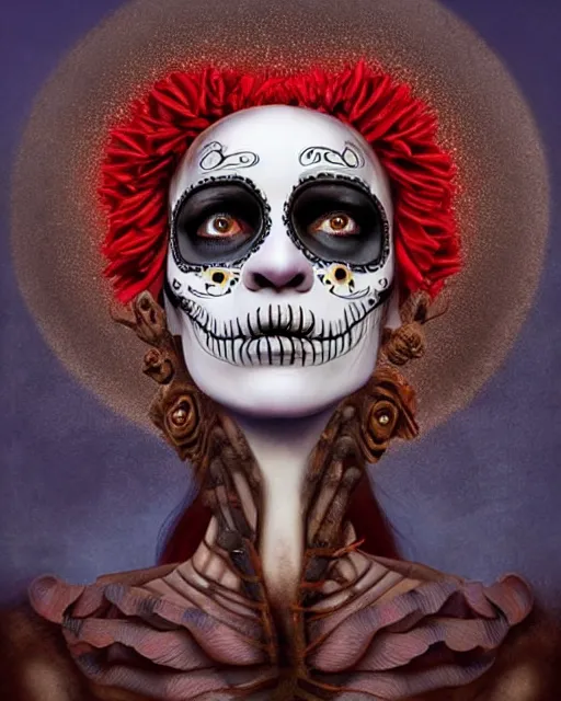 Prompt: dia de los muertos theme surrealist art in the styles of igor morski, jim warren, and aida muluneh, intricate, hyperrealistic, accurate facial details, profile picture with chromakey!!!!! background, volumetric lighting