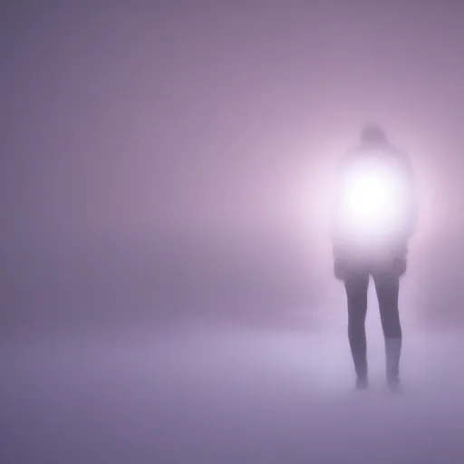 Image similar to a blurry aura glowing in a white mist, human