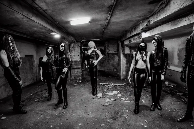 Image similar to 4 goths in leather, watching a black hole forming in the grimy grungy basement of an abandoned apartment block, grainy black and white photography