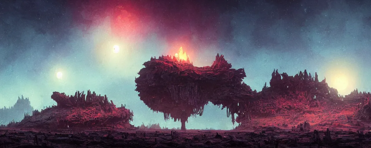 Prompt: ” night at a desolate outer planet made of barren black rock with massive skeletons buried in the ground, [ cinematic, detailed, epic, widescreen, opening, establishing, mattepainting, photorealistic, realistic textures, octane render, art by paul lehr ] ”