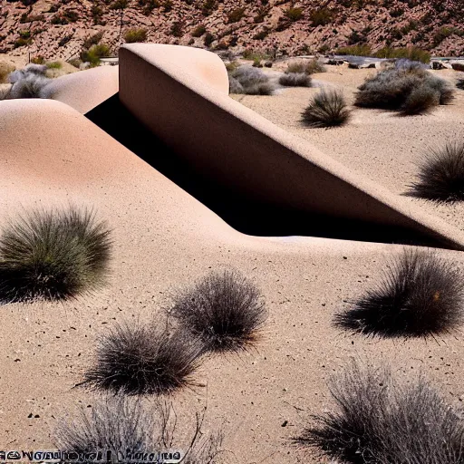 Image similar to land art sculptural complex built in the Mojave desert, beautiful dynamic lighting, cinematic, wide angle establishing shot, extremely high detail, photo realistic, cinematic lighting, post processed, concept art, artstation, matte painting, style by michael heizer, Donald Judd, Richard serra, volumetric lighting, light rays, photorealistic, ultrarealistic, moody, coronarender, 8k