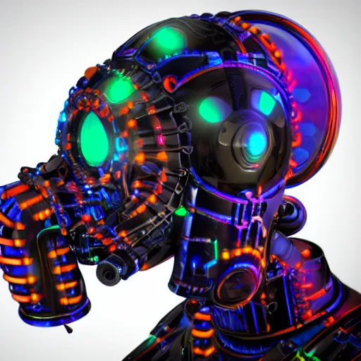 Prompt: a glossy claymodel of a dieselpunk aztec futurism robot head with glowing headphones, 8 k, symetrical, flourescent colors, halluzinogenic, multicolored, very detailed, black background, 3 d render,