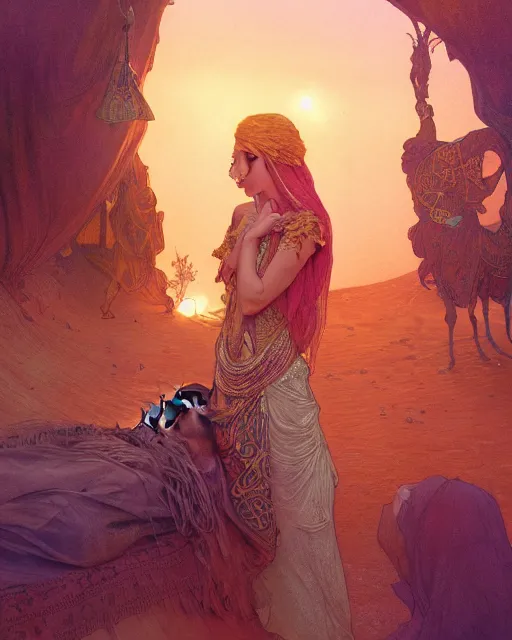 Image similar to bedouin in the desert, highly detailed, gold filigree, romantic storybook fantasy, soft cinematic lighting, award, disney concept art watercolor illustration by mandy jurgens and alphonse mucha and alena aenami, pastel color palette, featured on artstation