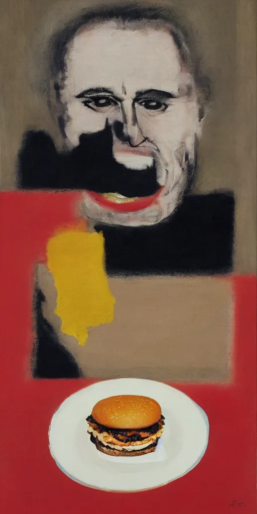 Prompt: painter francis bacon eating a plate of bigmacs in toyko, in the style of rothko, self portrait, dark, funny, clever