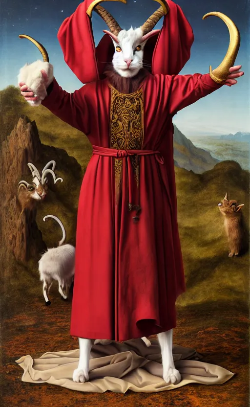 Image similar to a bipedal cat that has two goat horns, anthropomorphic cat that is wearing robes, matte oil painting, by jan van eyck, d & d, character reveal, fantasy, concept art, cosmic, magical, fog, noble, full body portrait, intricate, ornate, extremely detailed, cult, ritual, sharp focus, 4 k, 8 k