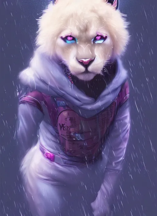 Image similar to award winning beautiful portrait commission of a male furry anthro albino mountain lion fursona with a tail and a cute beautiful attractive detailed furry face wearing stylish cyberpunk clothes in a cyberpunk city at night while it rains. Blue and pink. Character design by charlie bowater, ross tran, artgerm, and makoto shinkai, detailed, inked, western comic book art