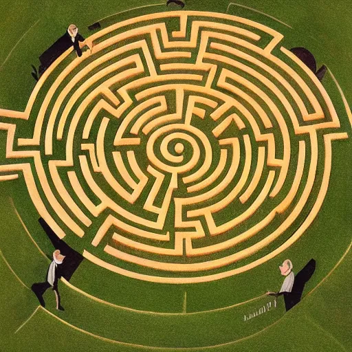 Prompt: A suited man in a hat, standing in the middle of a giant circular head-shaped labyrinth maze, overhead shot, wide shot, painting, stylistic, art by Norman Rockwell