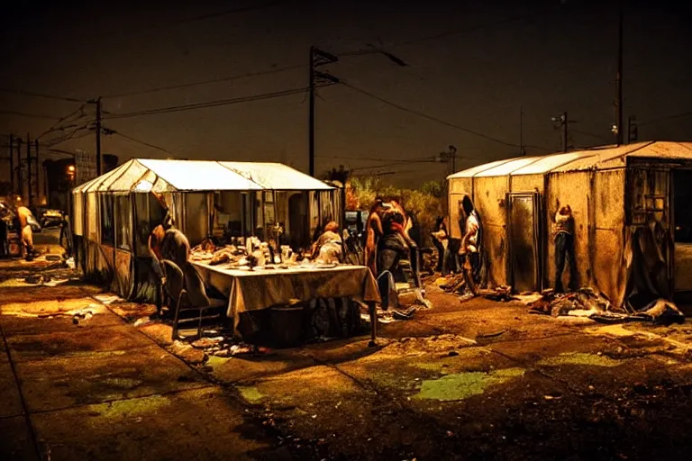 Prompt: post apocalyptic us dinner being used as a shelter, dystopian, people huddled, night, spot lights, rust