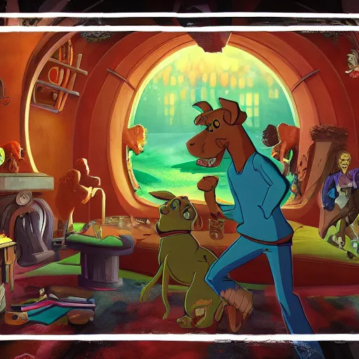 Image similar to scooby doo where are you from 1 9 6 9 background, creppy ambience, dark, painting, highly detailed, artstation, background painting.