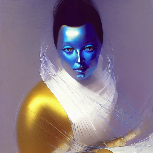 Image similar to a chrome woman's face in flowing sheets of cobalt blue gold chrome silver satin, by moebius syd mead roger dean wojciech siudmak donato giancola yoshitaka amano ivan aivazovsky jan de heem pieter claesz paul delaroche alma tadema aelbert cuyp willem claesz, hyperrealistic volumetric light render