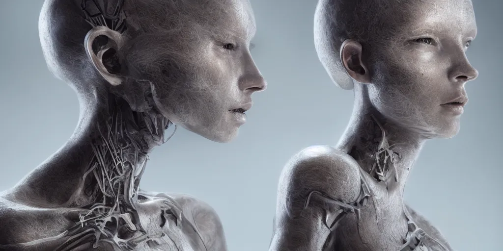 Image similar to hyper realistic photography of a stunningly beautiful cyborg female, elbow, thy, intimate, holding close, reflective chrome in the style of beth cavener, jin kagetsu,, and wlop, highly detailed, intricate filigree,, masterpiece, award winning, sharp focus, concept art, ringflash lighting, ambient lighting, octane render, 8 k, artstation