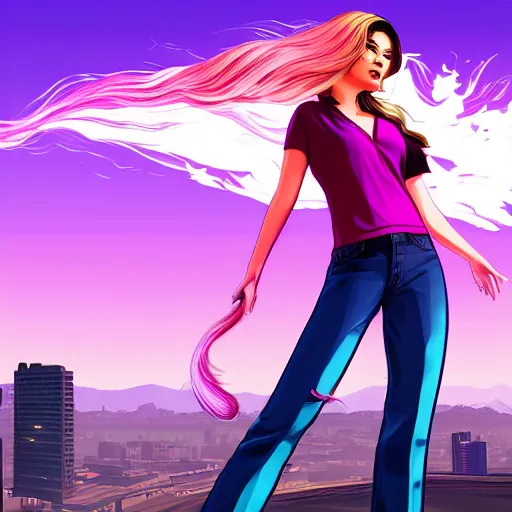 Image similar to a stunning GTA V loading screen with a beautiful woman with ombre hairstyle in purple and pink blowing in the wind, city streets, golden ratio, digital art, trending on artstation