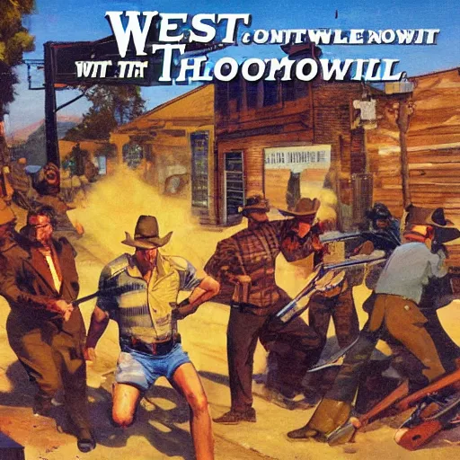 Image similar to dynamic shootout in western town, by tom lovell and frank schoonover and dean cornwell