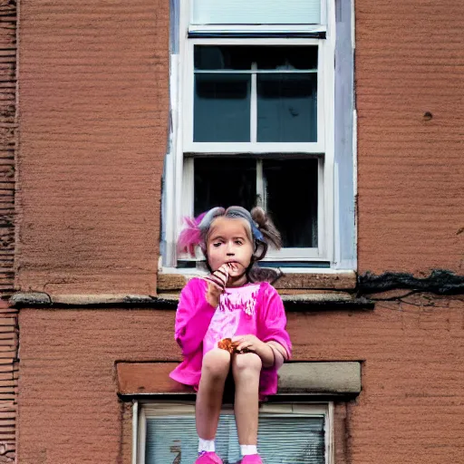 Prompt: a little girl with pigtails smoking a joint out of her rooms window, photography