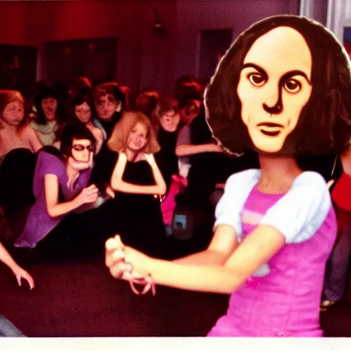 Image similar to live-action film a teenage girl with an inflatable cartoon head at the prom, and other students are laughing at her on the dancefloor, john waters film, 1974, technicolor