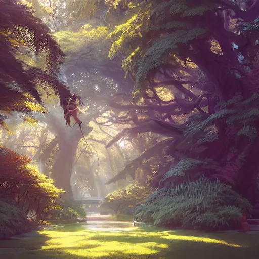 Image similar to a japanese park, highly detailed vfx portrait, unreal engine, greg rutkowski, loish, rhads, caspar david friedrich, makoto shinkai and lois van baarle, ilya kuvshinov, rossdraws, elegent, tom bagshaw, alphonse mucha, global illumination, detailed and intricate environment.
