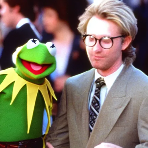 Prompt: kermit the frog at jim henson funeral in 1 9 9 0