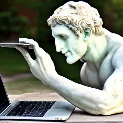 Prompt: a marble statue having trouble working on his laptop