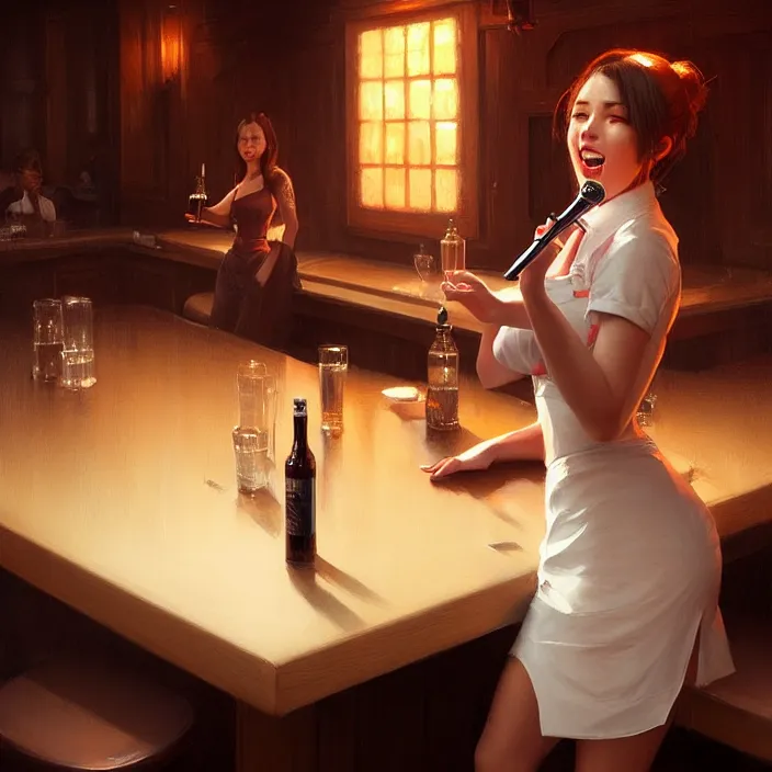 Image similar to a waitress singing on a table in a bar, elegant, real life skin, intricate artwork, high detailed, artstation, concept art, smooth, sharp focus, art by artgerm and greg rutkowski