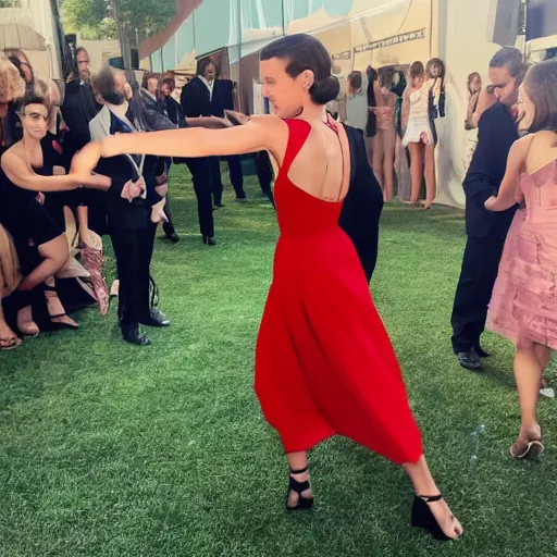 Image similar to Millie bobby brown dancing in a red dress