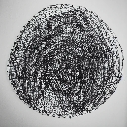 Image similar to a damaged mesh made out of tiny threads with rips and tears, black drawing on white paper