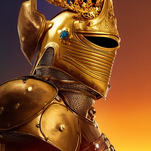 Image similar to a highly detailed knight in a T golden helmet and a golden crown with a blue diamond in the center, golden armor, leather clothes under the armor, leather gloves, holds a black sword, artstation, DeviantArt, professional, octane render, sunset lighting