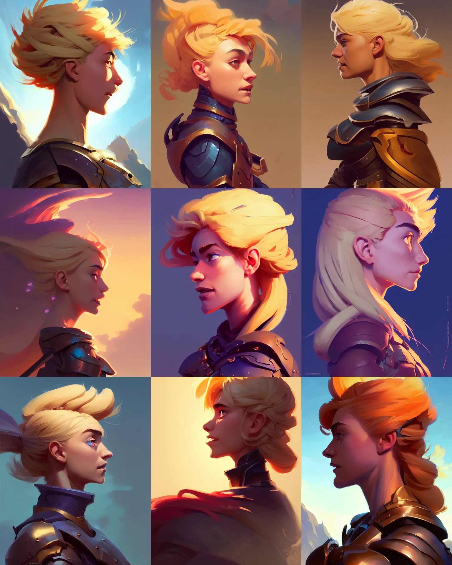 Prompt: side profile centered painted portrait, Imogen Poots as a paladin, blonde hair, Gloomhaven matte painting concept art, official fanart behance hd artstation by Jesper Ejsing, by RHADS and Makoto Shinkai and Lois van baarle and ilya kuvshinov and rossdraws