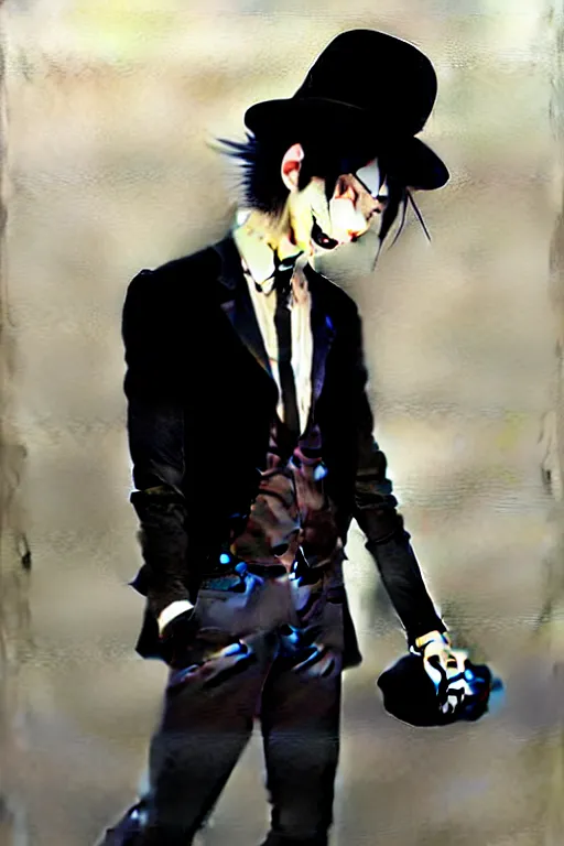 Image similar to a ultradetailed beautiful painting of kiriyama renn wearing a black bowler hat and a suit undershirt, he has black hair with bangs, by conrad roset, greg rutkowski and makoto shinkai trending on artstation