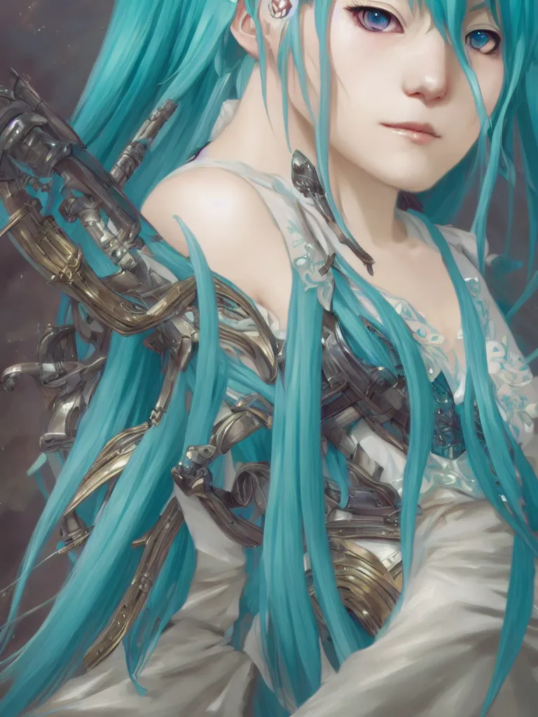 Prompt: Hatsune Miku, closeup, D&D, fantasy, intricate, elegant, highly detailed, digital painting, artstation, concept art, matte, sharp focus, illustration, art by Artgerm and Greg Rutkowski and Alphonse Mucha