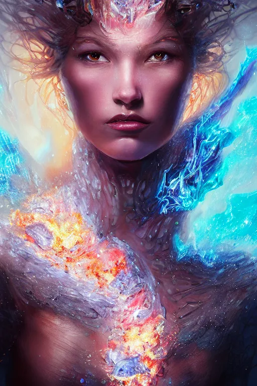 Prompt: torso closeup model wearing exploding fire crystal dress, sorcerer, diamonds,, refractions, crystal dust, ice dust, diamonds, fantasy, dramatic lighting, highly detailed, digital painting, holding electricity, hyper detailed, 3 d render, detailed portrait, peter mohrbacher, wlop, ruan jia